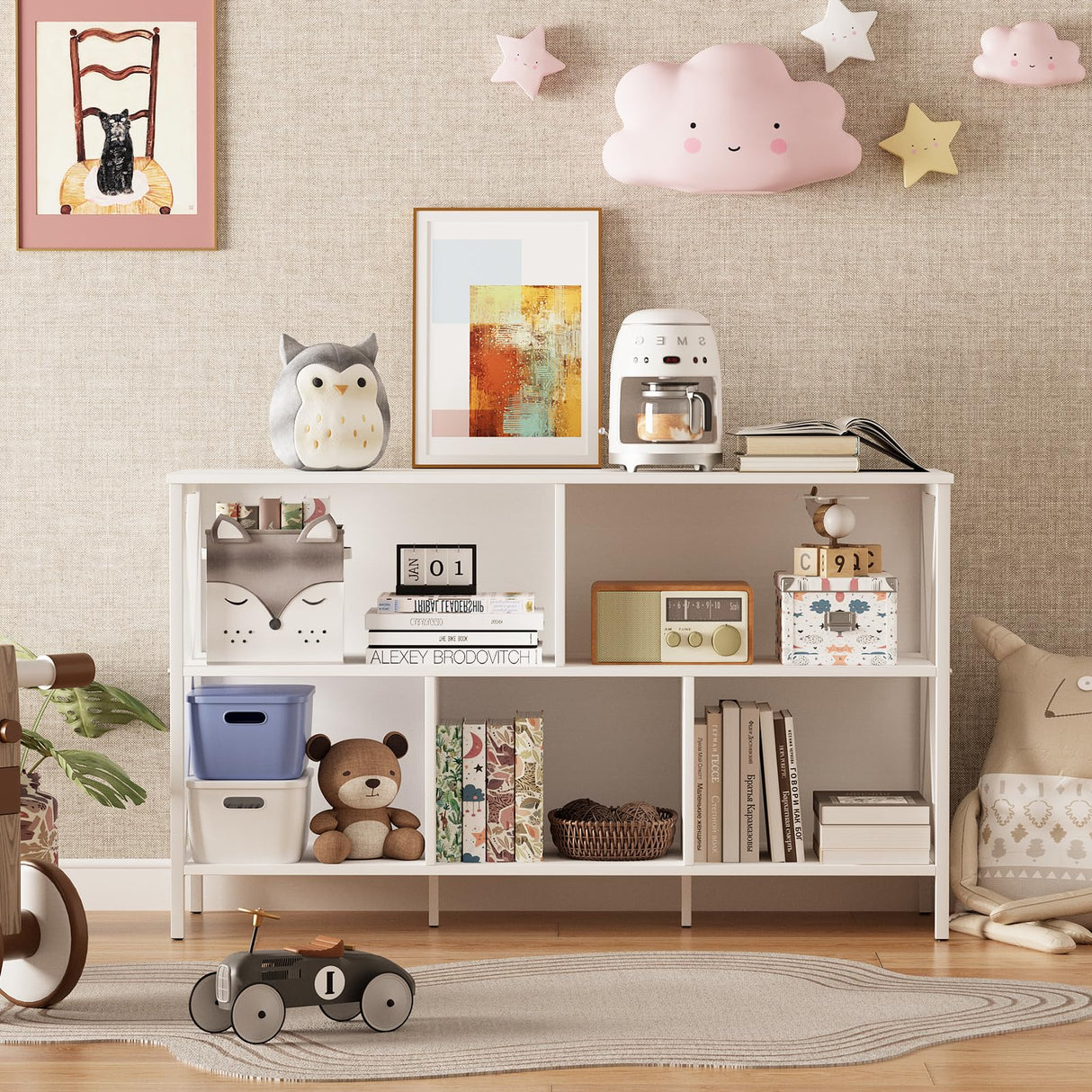 Horizontal Bookshelf,Industrial Modern 5 Cube Low Wide Cubby Bookcase,Long Wood and Metal Storage Organizer Open Shelf, Short Book Shelf Bedroom Storage for Home Office Living Room(White,5 Cube) Adompacat