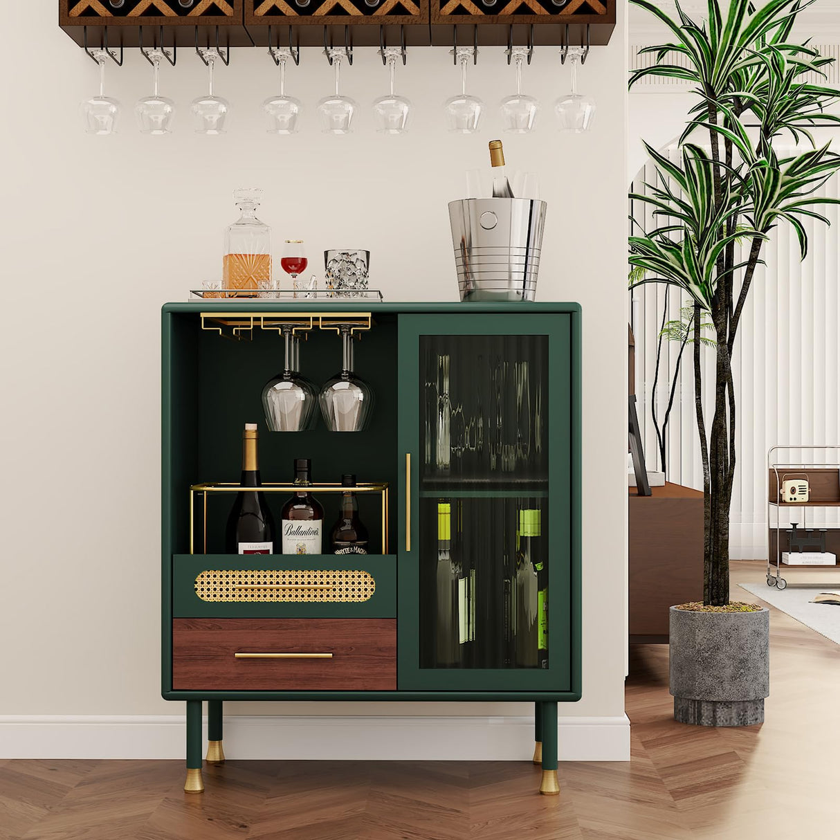 ARTPOWER Modern Coffee Bar Cabinet with Wine Glass Rack and Drawers, Green Liquor Cabinet with Pull-Out Wine Storage for Kitchen, Dining Room, Living Room ARTPOWER