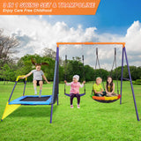 Lunafun Swing Set for Backyard with Trampoline 440lbs Swing Set with Heavy-Duty Metal A-Frame Outdoor Swing Set with 1 Saucer Swing Seat 1 Swings Seat & 1 Trampoline Lunafun