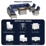 Muphyers 11-Piece Outdoor Patio Furniture Set with Rocking Swivel Chair, Wicker Rattan Sectional Sofa Conversation Set with 55,000 BTU Fire Pit Table, Backyard Furniture, Navy Blue Muphyers