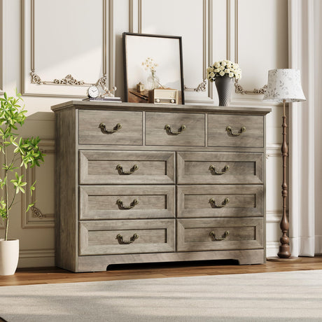 Dresser for Bedroom with 9 Drawers, 47" Wide Vintage Chest of Drawers with Metal Handle & Natural Texture, Wood Dresser for Closet with Two Different Drawer Sizes for Living Room, Hallway, Grey Garvee