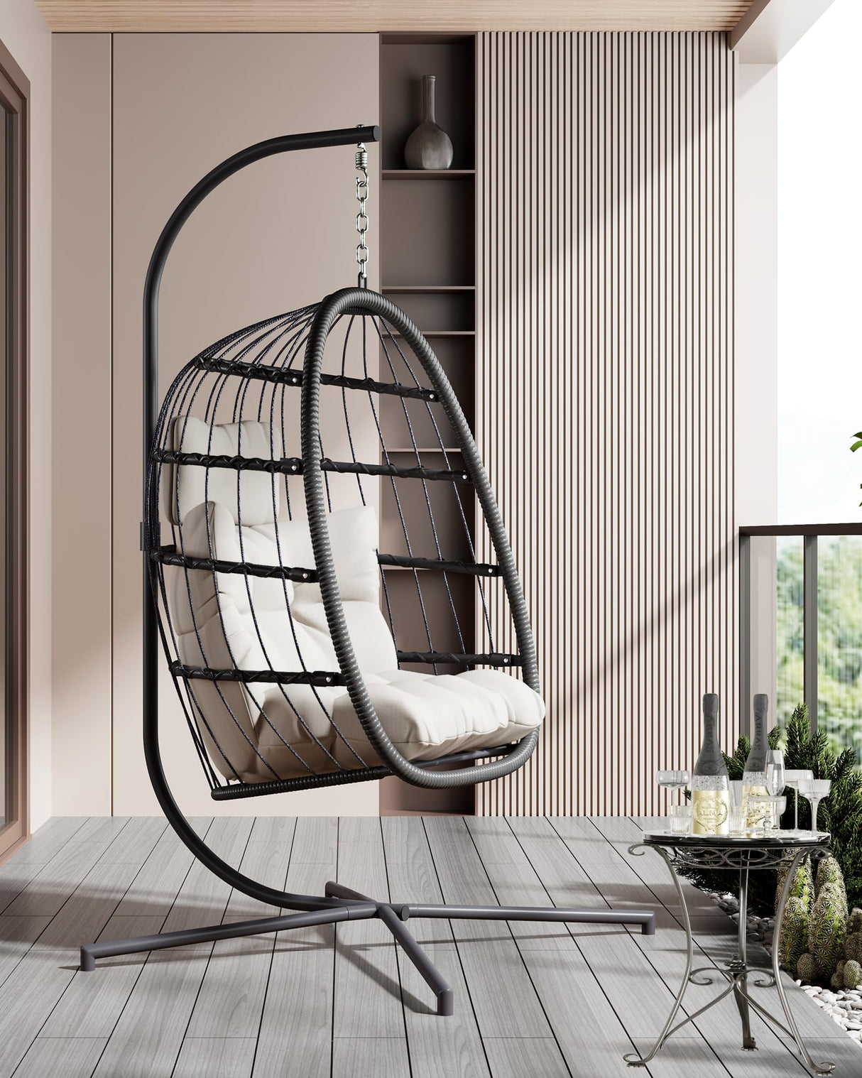 HWB Hanging Egg Chair with Stand, Patio Wicker Egg Swing Chair with Cushion for Bedroom Garden Indoor Outdoor (Beige) HWB