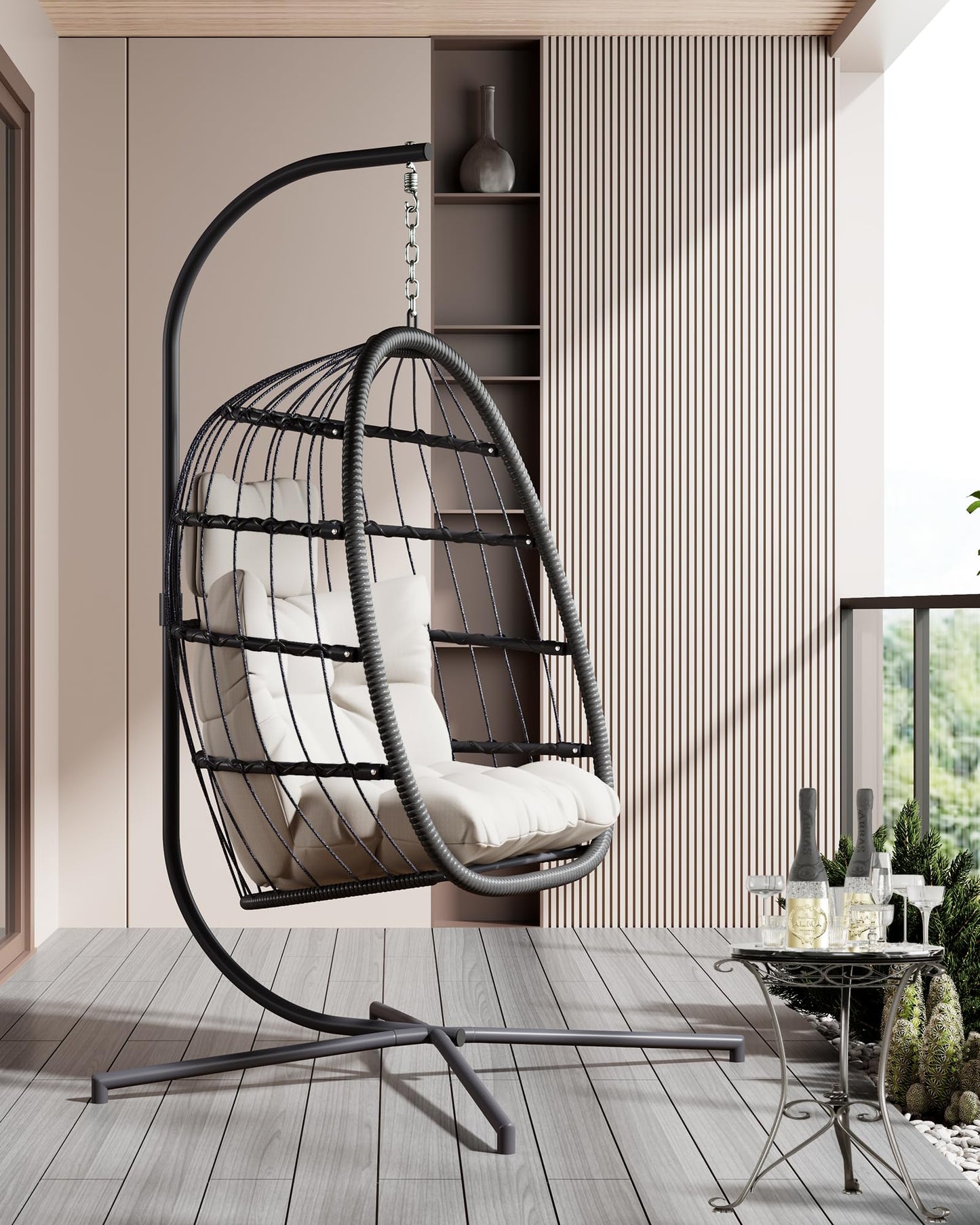 HWB Hanging Egg Chair with Stand, Patio Wicker Egg Swing Chair with Cushion for Bedroom Garden Indoor Outdoor (Beige) - WoodArtSupply