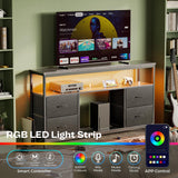 Huuger TV Stand Dresser with Power Outlets and LED Lights, 4 Drawers Entertainment Center with Shelves, 54in Media Console for 55 60 Inch TV, Dresser with PU Finish, Grey and Black Huuger