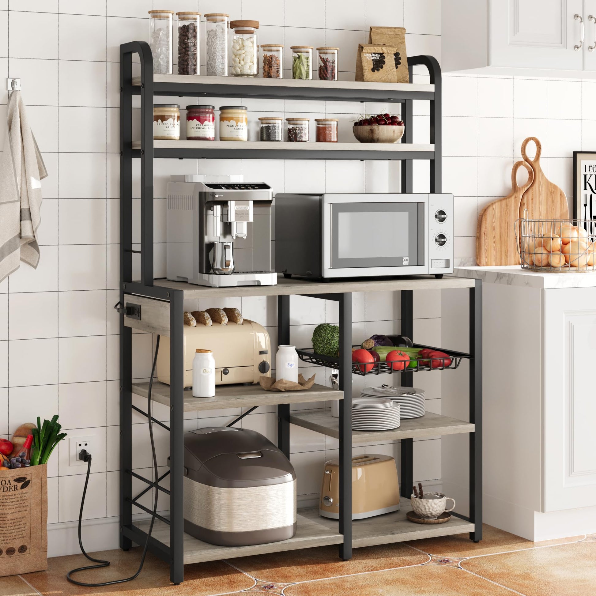 IDEALHOUSE Rustic Gray Bakers Rack with Power Outlet and Large Storage Capacity - WoodArtSupply