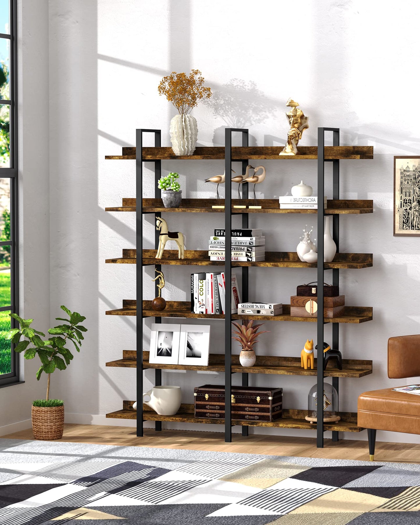 Sengroce 6-Tier Double Wide Industrial Wooden Bookcase with Metal Frame - Rustic Vintage Design for Home Office and Living Room - WoodArtSupply