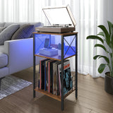 3 Tiers End Table with Charging Station, LED Side Table Turntable Stands for Vinyl Storage, Records Shelf for Albums, Vinyl Shelf Record Player Table for Living Room, Bedroom Rustic Brown WoodArtSupply