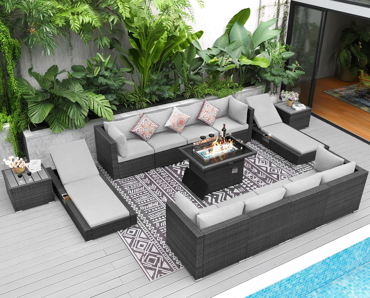 NICESOUL 13 Piece Outdoor Wicker Furniture for Patios with Fire Pits, Oversize Grey Outside Patio Set with Matching Lounges, 29.3" High Back Sectional Couch Sets for Tall Big People for Poolside, Yard NICESOUL