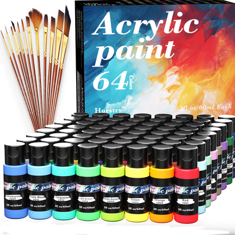 Acrylic Paint Set 76 PCS of 64 Colors 2fl oz 60ml Bottles with 12 Brushes,Non Toxic 64 Colors Acrylic Paint No Fading Rich Pigment for Kids Adults Artists Canvas Crafts Wood Painting Huestry
