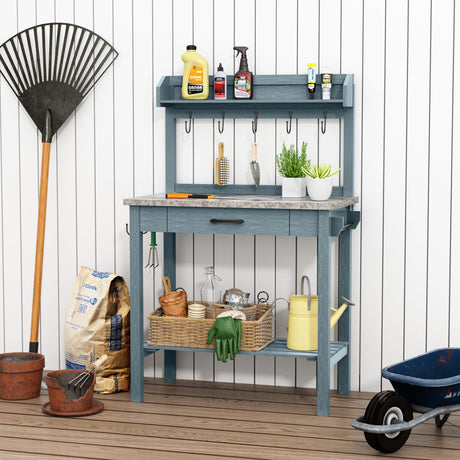 HOLTICO Outdoor Potting Bench Table with Metal Tabletop, Planting Table Potting Work Station with Storage Drawer and Removable Shelf Rack, Garden Potting Table for Outdoors HOLTICO