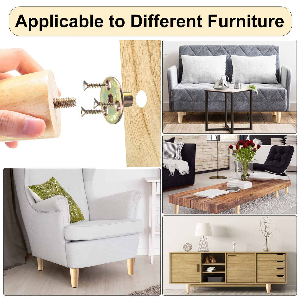 Maitys 4 Inch Round Solid Furniture Legs Furniture Wooden Replacement Feet Chair Dresser Couch Legs Table Cabinet Sofa Legs Footstool DIY Projects for Home (Wood,16 Pcs) Maitys