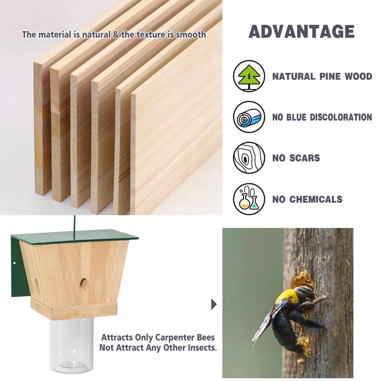 Carpenter Bee Trap for Outside - Green Pentroof Shed Style Nature Hanging Wood Carpenter Bee Traps Outdoor - Best Bee Trap - Insect Traps with Removable Vault (1 Pack) Best Bee Trap