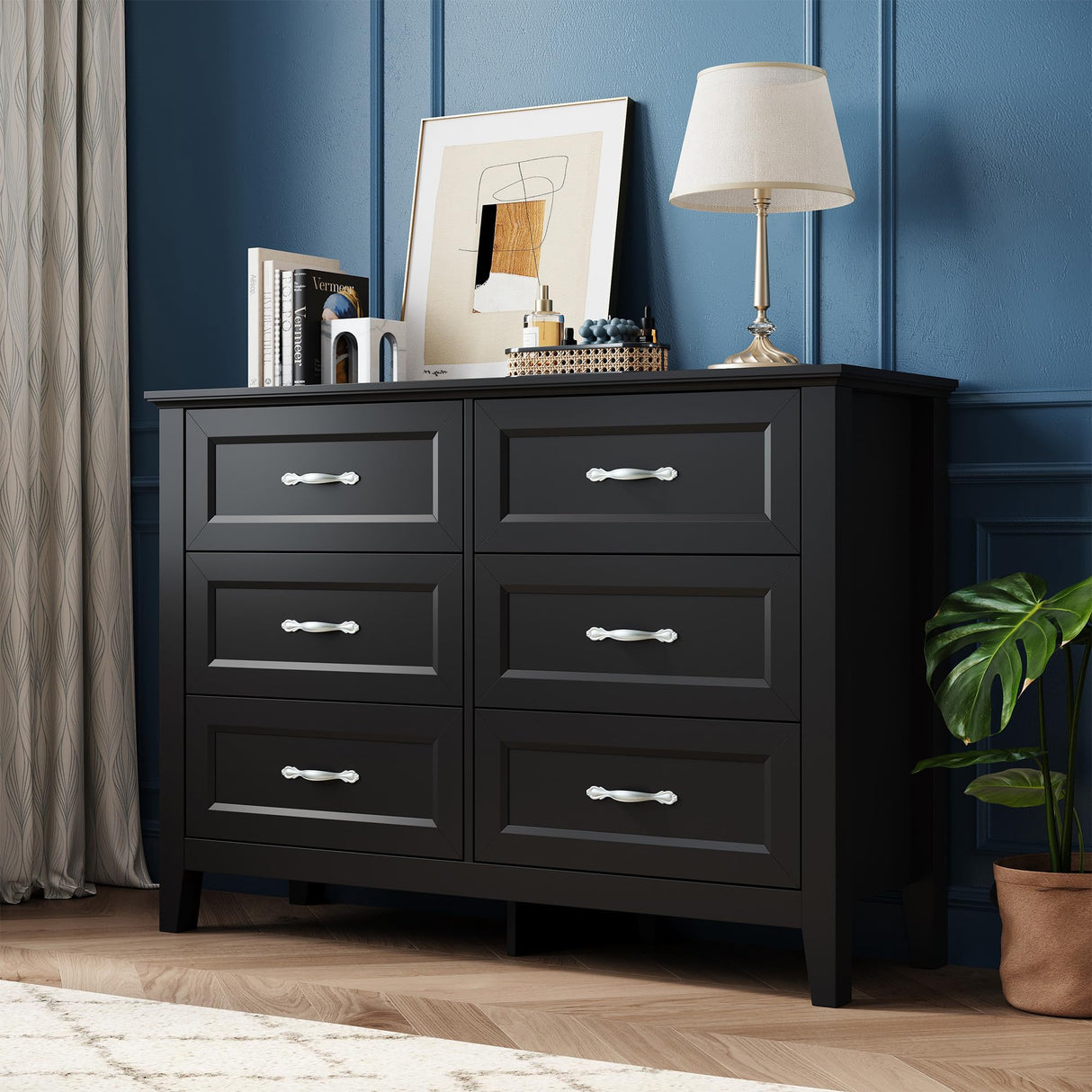 LINSY HOME Farmhouse 6 Drawers Dresser Chests for Bedroom, Wood Dresser Wide Chest of Drawers, Storage Dressers Organizer for Bedroom, Living Room,Hallway, SGS Certified LINSY HOME