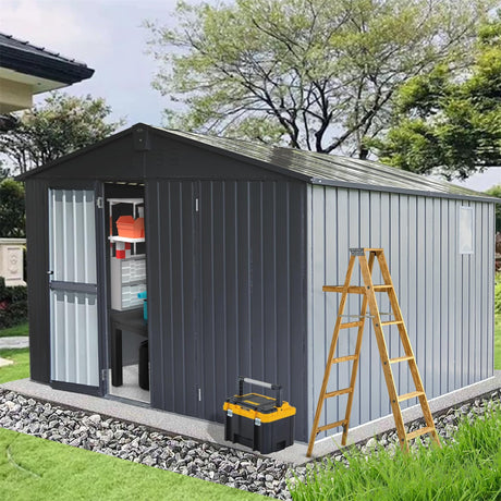 Gareinwuds 11x12.5ft Outdoor Storage Shed with Windows, Galvanized Steel Garden Shed, Lockable Double Doors and 16 Vents, Large Utility Tool Storage for Backyard Patio Gareinwuds