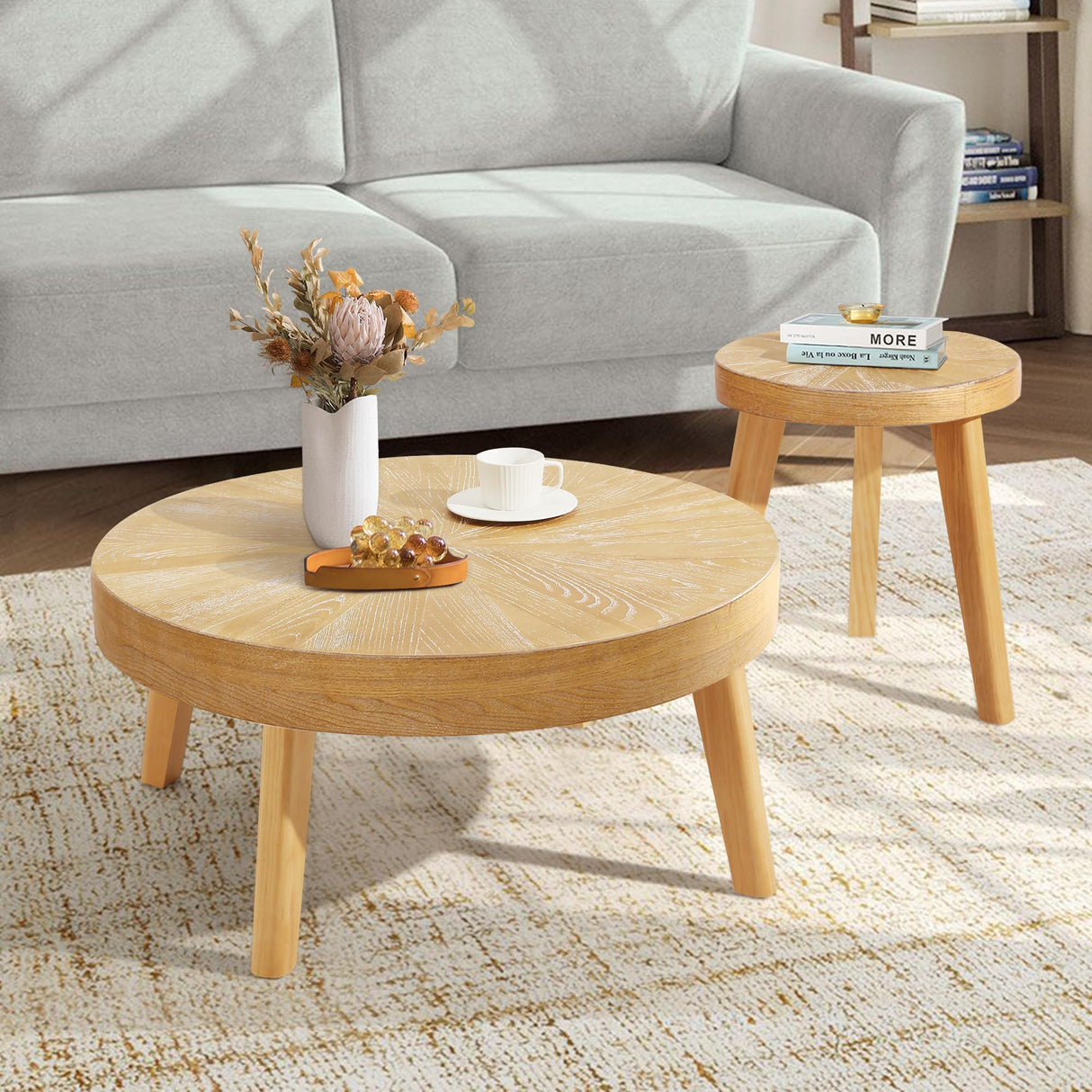 HOKYHOKY Farmhouse Round Coffee Table Set of 3, Boho Sofa Side Nesting Tables End Table Set with Wood Natural Finish for Living Room, Bedroom, Home Office,Natural HOKYHOKY