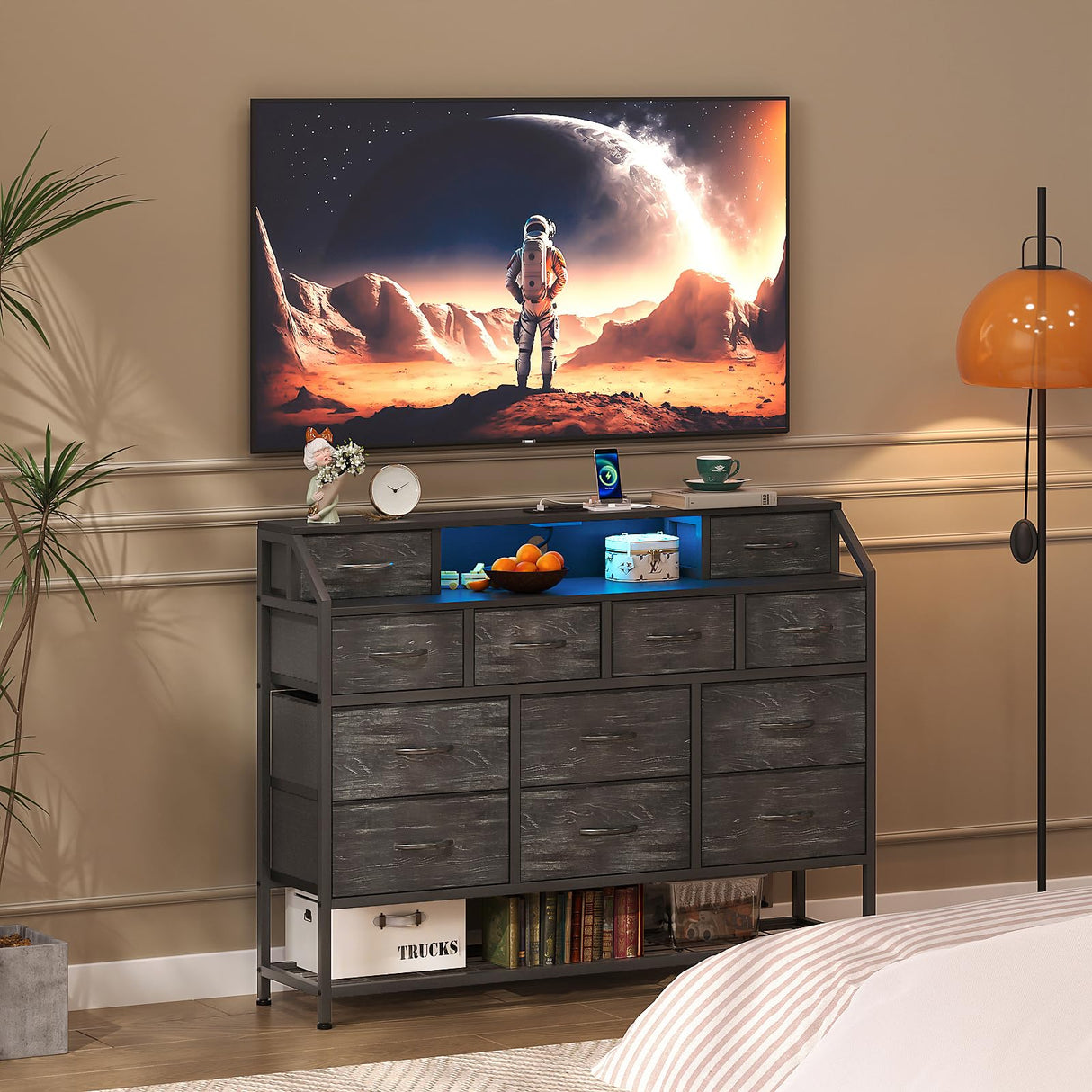 Welfuturer Dresser for Bedroom with 12 Drawers Black Dressers with Charging Station and LED Light 50 inch TV Stand Chest of Drawers with Shoe Rack and Open Shelf for Living Room Entryway Halfway Welfuturer