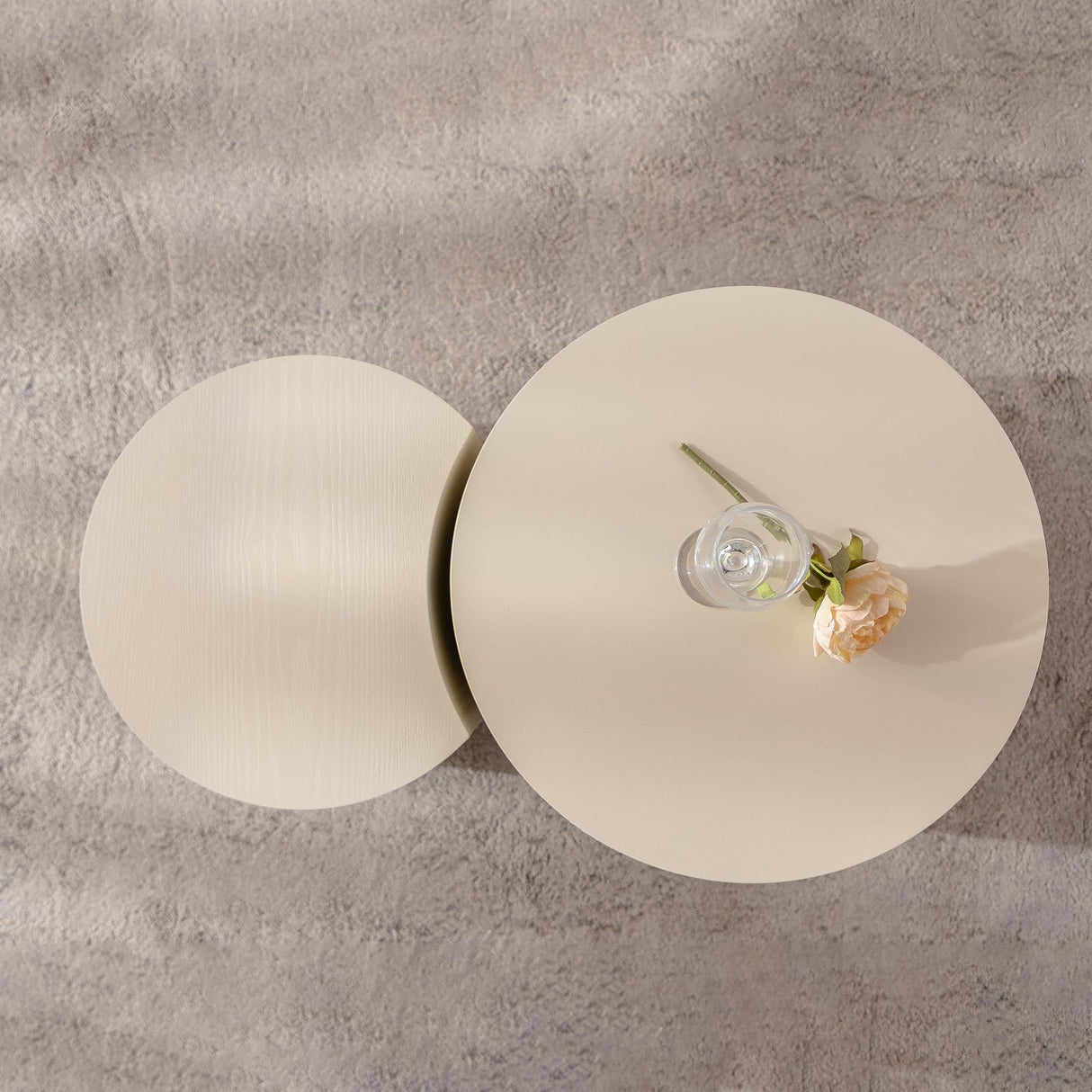 Round Nesting Coffee Table Set of 2, Modern Handcraft Wood Fluted Drum Circle Side Table Small Minimalist Unique Tea End Table for Living Room, No Assembly Required, 27.56" &19.69", Crescent Beige SLEERWAY