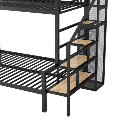 Harper & Bright Designs Twin Over Full Bunk Bed with Stairs, Metal Stairway Bunk Bed Frame with Storage and Open Wardrobe, for Kids Teens Adults - Black