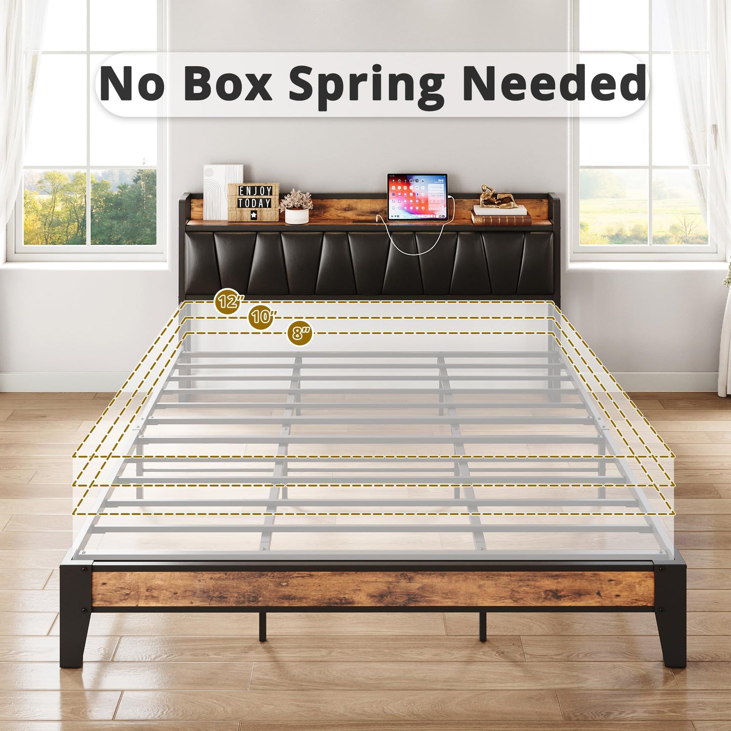 California King Bed Frame with Storage Headboard and Charging Station by LIKIMIO - Vintage Brown and Black - WoodArtSupply