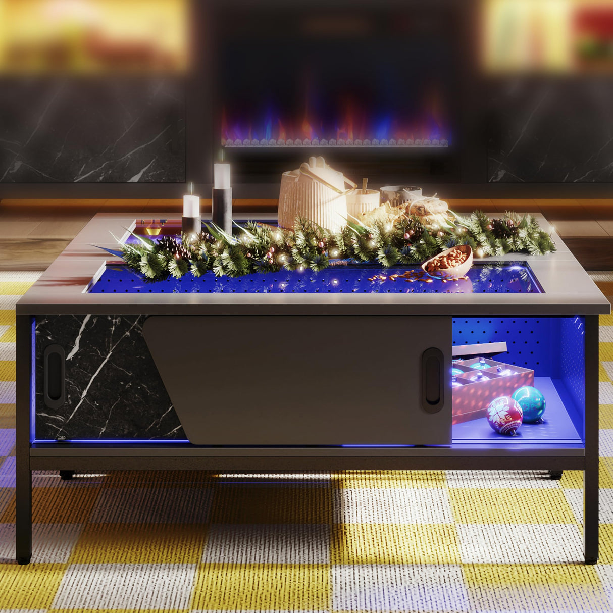 Bestier 42 Inch LED Coffee Table with Storage Glass Coffee Tables for Living Room with Sliding Doors, Black Living Room Center Table Bestier