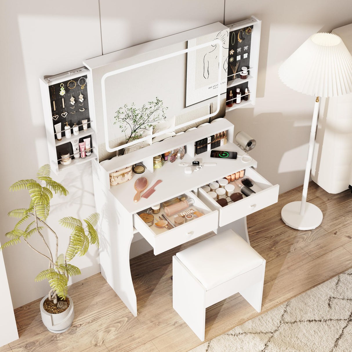 Makeup Desk with Mirror and Lights, White Dressing with Charging Station & Chair, Vanity Desk with Sliding Jewelry Storage Shelves&3 Lighting Modes, Vanity with 2 Large Drawers,Vanity for Women&Girls Vabches