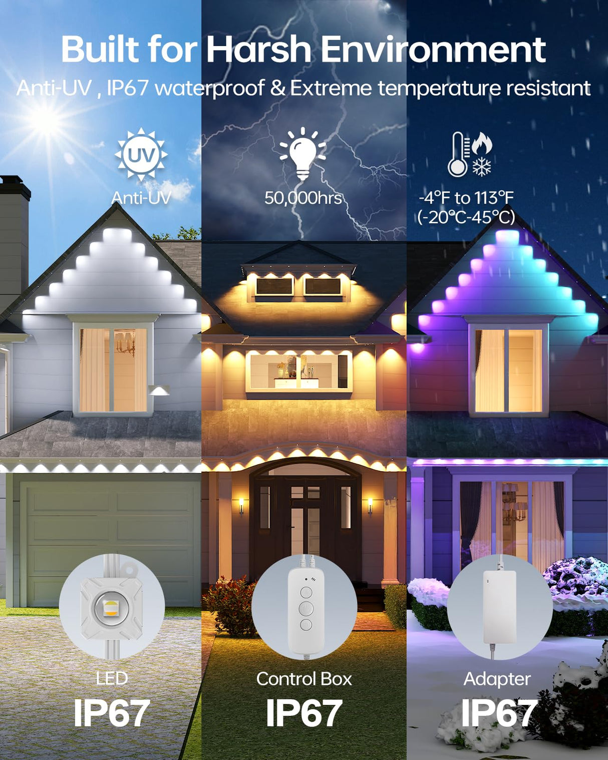 ASAHOM Permanent Outdoor Light Pro S108B, 100FT with 72 RGBCW 70lm LED, WLED Integration, AI Lighting, 30000 Lighting Effect Combination, IP67 Waterproof for Halloween Christmas and Daily Decor, White ASAHOM