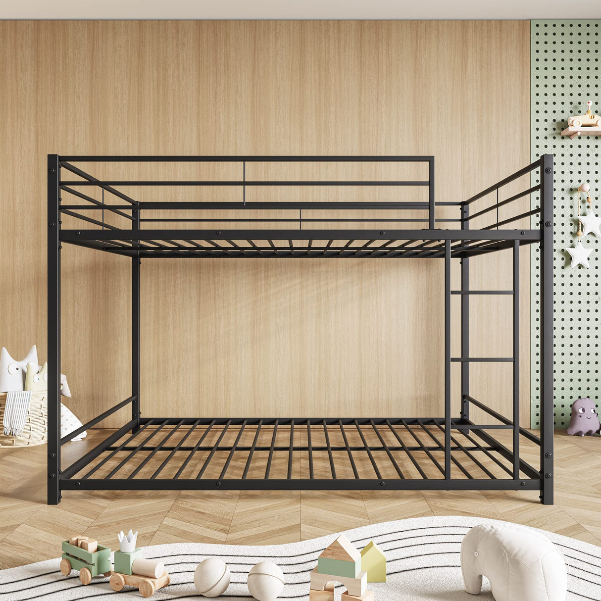 JURMERRY Metal Bunk Bed Full Over Full Beds with Sturdy Guard Rail & Ladder, Space-Saving Design No Box Spring Needed,Black JURMERRY