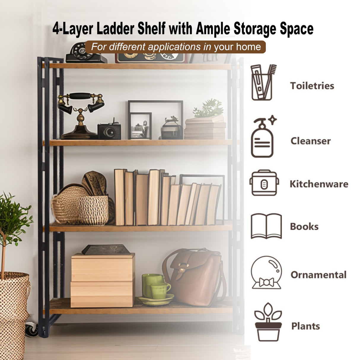 HIBOAT 47" 4-Tier Bookshelf Rustic Wood and Metal Industrial Bookshelf for Home Office, Bedroom, Kitchen, Bathroom (Rustic Brown, 4-Tier) HIBOAT