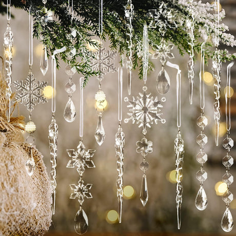 18pcs Christmas Tree Decoration Crystal Ornaments - Hanging Acrylic Christmas Snowflake Icicle Drop Crystal Ornaments for Xmas Tree Winter New Year Party Supplies OuMuaMua
