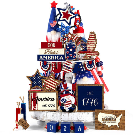 Bucherry 19 Pcs 4th of July Patriotic Tiered Tray Decor Set Red White Blue Wood Star Gnome Mini Sign Farmhouse American Flag Firework Table Decor Memorial Day Decor Independence Day Decor for Home Bucherry