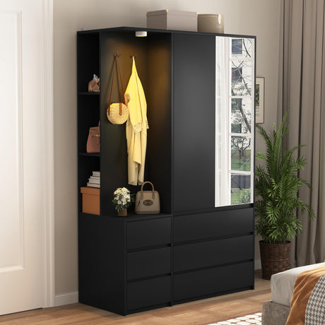 Armoire Wardrobe Closet with Mirror Door and LED Light, Bedroom Armoire with 6 Drawers, Modern Wooden Large Wardrobe Closet with Shelves, Wooden Armoire with Hanging Rod for Bedroom(Black) CORAZAZA