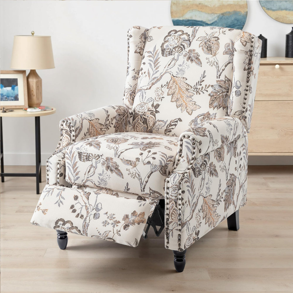 UIXE Pushback Recliner Chair, Fabric Upholstered Armchair Push Back Accent Chair for Living Room, Rivet Trim Home Theater Single Sofa Bedroom Reading Seat with Footrest - Beige Plants UIXE