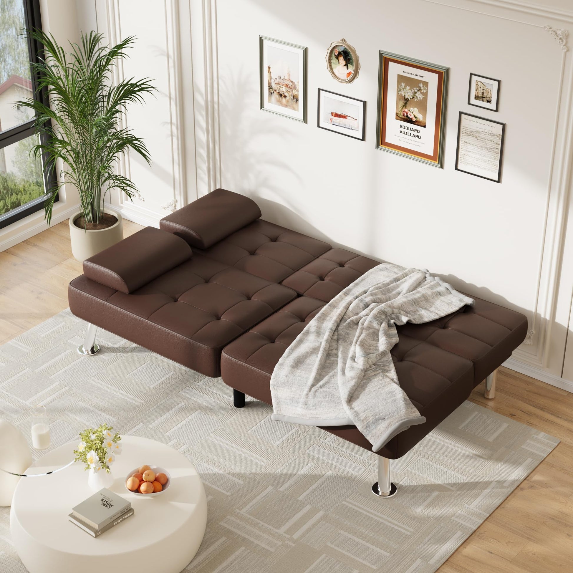 Furmax Futon Sofa Bed Adjustable Futon Couch Modern Sleeper Sofa Bed for Living Room, Business Office, Recliner Sofa with Cup Holders (PU Leather, Brown) - WoodArtSupply