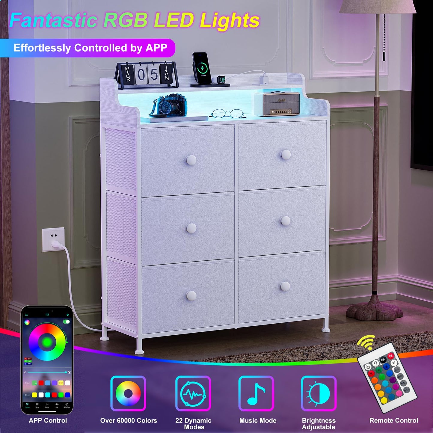 REAHOME Dresser for Bedroom with Charging Station and LED Lights, 6 Drawers Dresser TV Stand with Wooden Top, Tall Fabric Chest of Drawer with Sturdy Frame for Closet, Living Room, Hallway, White