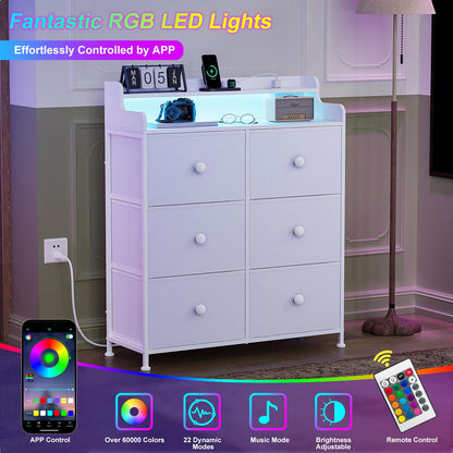 REAHOME Dresser for Bedroom with Charging Station and LED Lights, 6 Drawers Dresser TV Stand with Wooden Top, Tall Fabric Chest of Drawer with Sturdy Frame for Closet, Living Room, Hallway, White