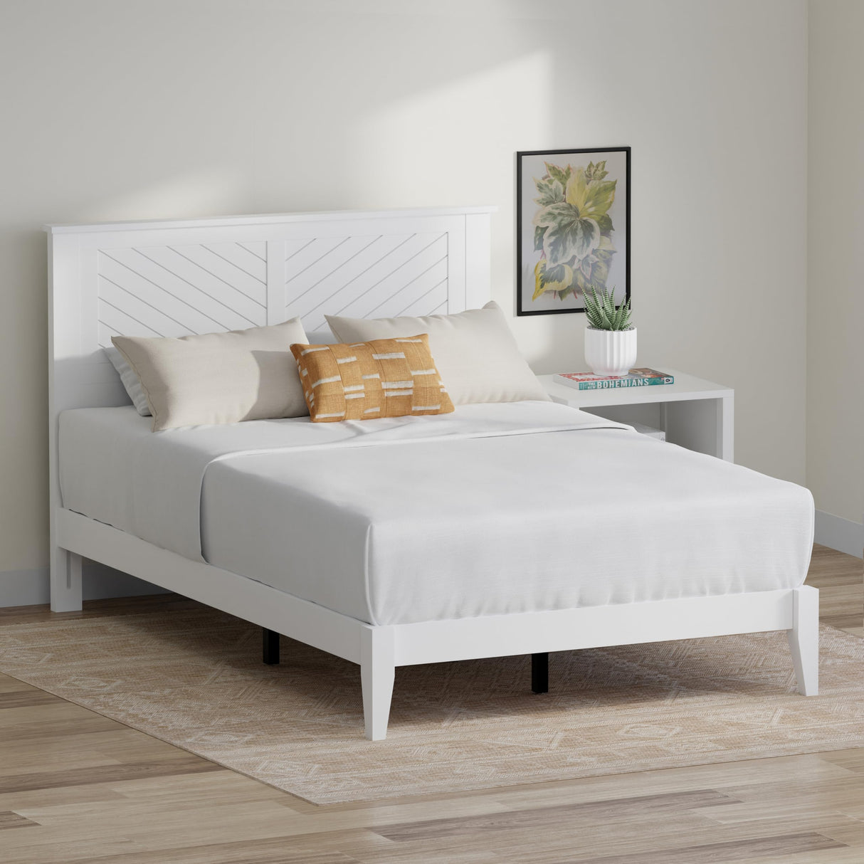 ComfIQ Serene Farmhouse Style Wood Bed in Full Size with Chevron Scoring Headboard, Coastal Modern Design, Sturdy, Easy Assembly, Ample Underbed Storage, White Finish ComfIQ