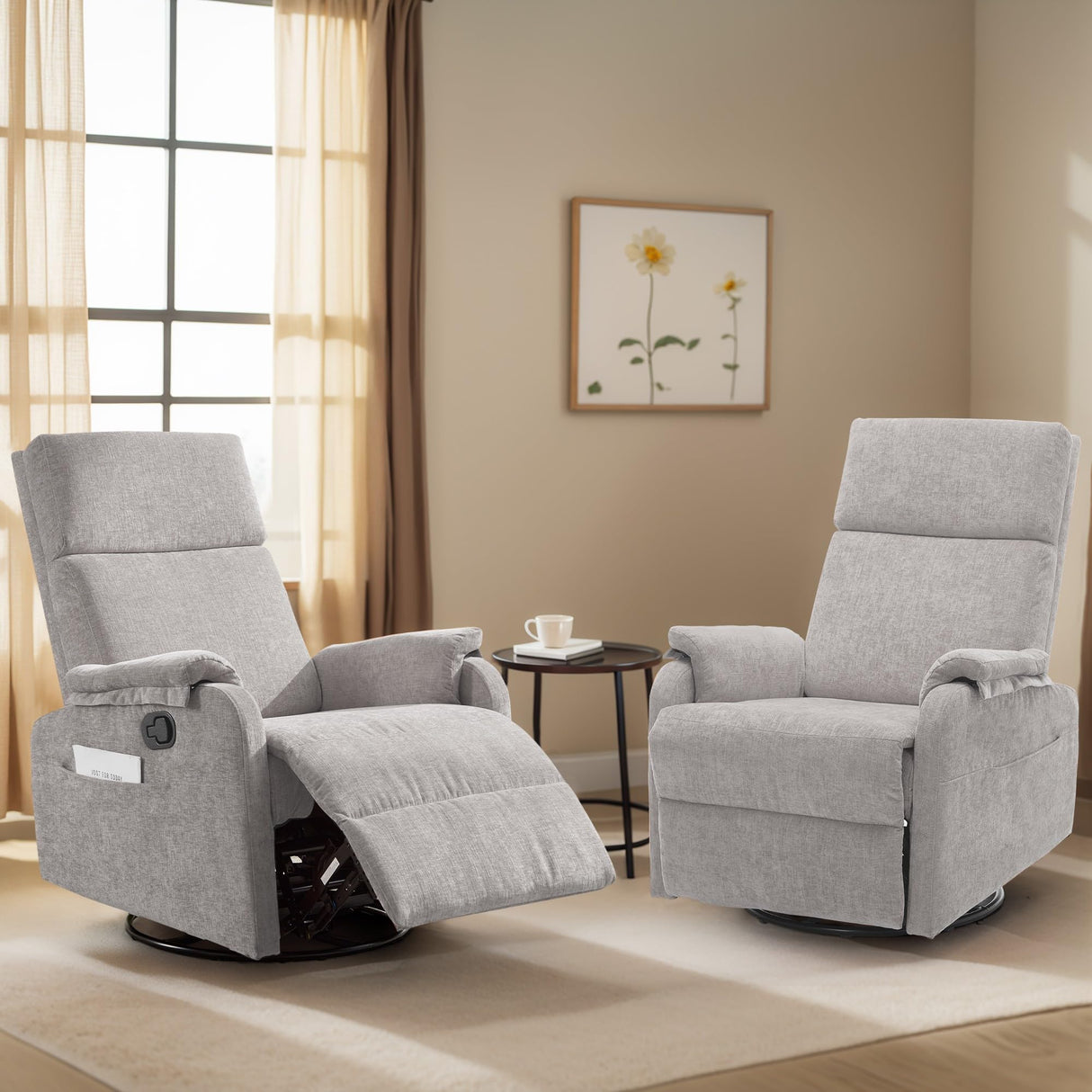 Korser Recliner Chairs, Swivel Rocking Recliner Chair for Adults, Glider Rocking Chair, Small Nursery Recliner for Living Room, Reclining with Modern-Designed Armrests, Chenille, Grey Korser