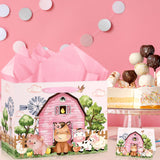 Farm Animals Theme Birthday Gift Bag for Girls Baby Shower Pink Farmhouse Barnyard Gift Bag Wrapping Paper Card Large Cows Pigs Gifts Bag for Baby Shower Farm Birthday Party Favors Supplies Innovoscape