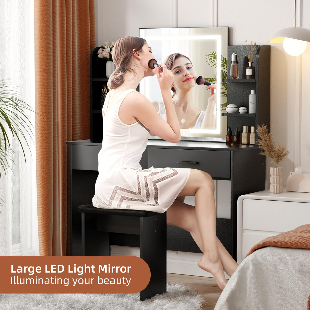 SMOOL Vanity Desk with Lighted Mirror - Makeup Vanity Table with 3 Color Light Options Adjustable Brightness, Vanity with 6 Storage Shelves, 2 Large Drawers, Vanity Set for Girls Women, Black SMOOL