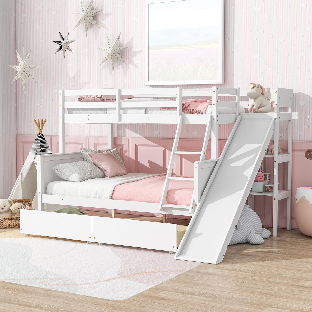 Bellemave Bunk beds Twin Over Full Size Slide and Stair, bunk Bed with Storage, Twin Over Full bunk beds for Kids, Floor bunk Bed, Low bunk Bed for Kids，White Bellemave