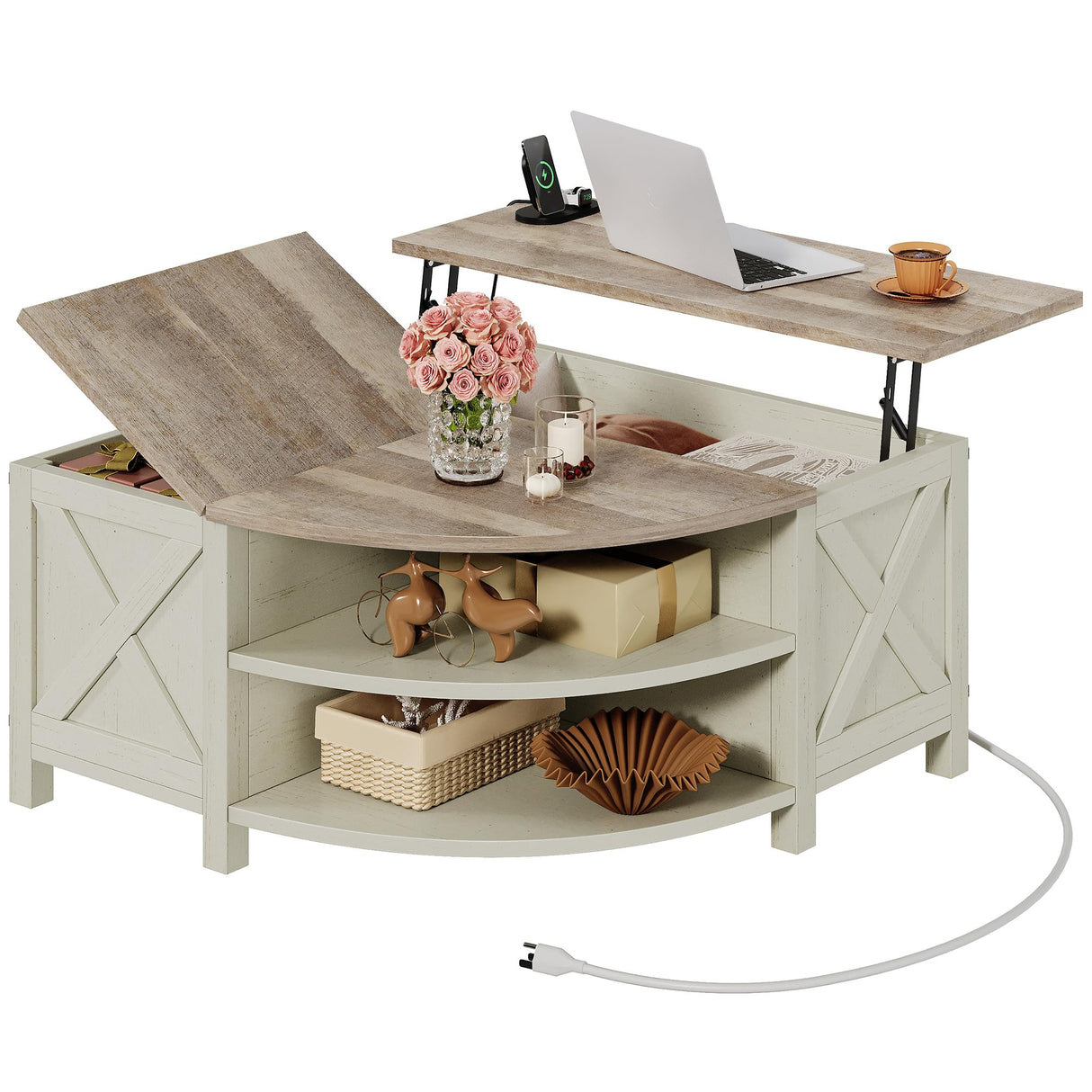 YITAHOME Farmhouse Lift Top Coffee Table with Storage, Wood Cured Center Table with Charging Station&USB Port, Living Room Table w/Large Hidden Space, for Bedroom, Home Office, Grey Wash YITAHOME