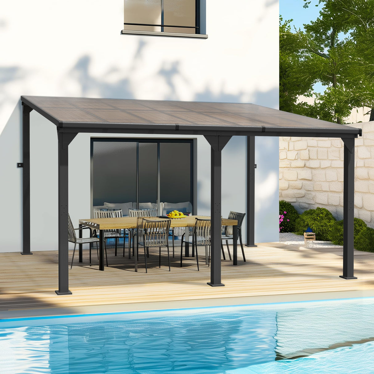Pamapic 10 * 14FT Wall Mounted Gazebo,4*4 Inch Thickened Pillars & Enlarged Base,Outdoor Hardtop Lean to Pergola,UV Resistant Polycarbonate Roof,Aluminum Frame Pergola,Outdoor Patio Awnings for Lawn Pamapic