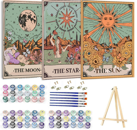 WUDWL Paint by Numbers Kit for Adults Framed Canvas, 3 Pack with Wooden Easel,Paint by Numbers for Kids Ages 8-12, Sun and Moon DIY Acrylic Landscape Oil Painting Arts Crafts, 9.45x11.8inch WUDWL