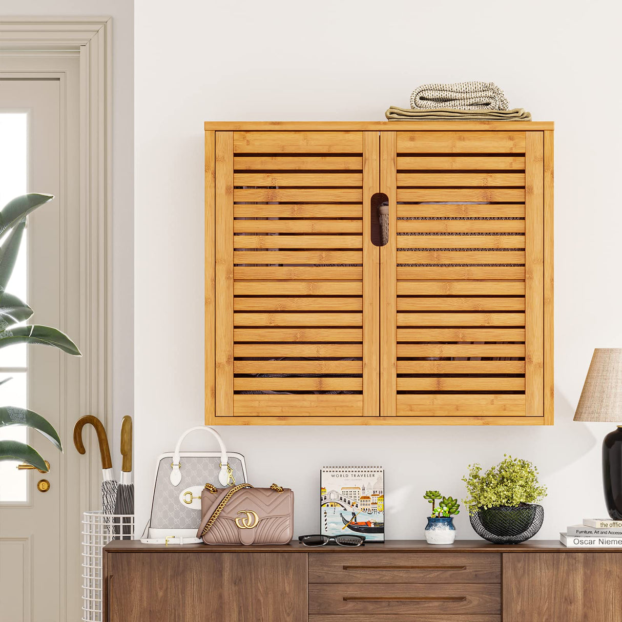 VIAGDO Wall Cabinet Bathroom Storage Cabinet Wall Mounted with Adjustable Shelves Inside, Double Door Medicine Cabinet, Utility Cabinet Organizer Over Toilet, Bamboo, 23.2''Lx8.3''Wx20.1''H VIAGDO