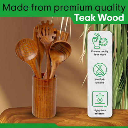 Wooden Kitchen Utensil Set - Teak Wood Cooking Utensil Sets Include Wooden Utensil Holder, Wooden Spatula, Spaghetti Spoon, Cleaning Brush & More - Durable Heat Resistant Wood Utensils Set fo - WoodArtSupply