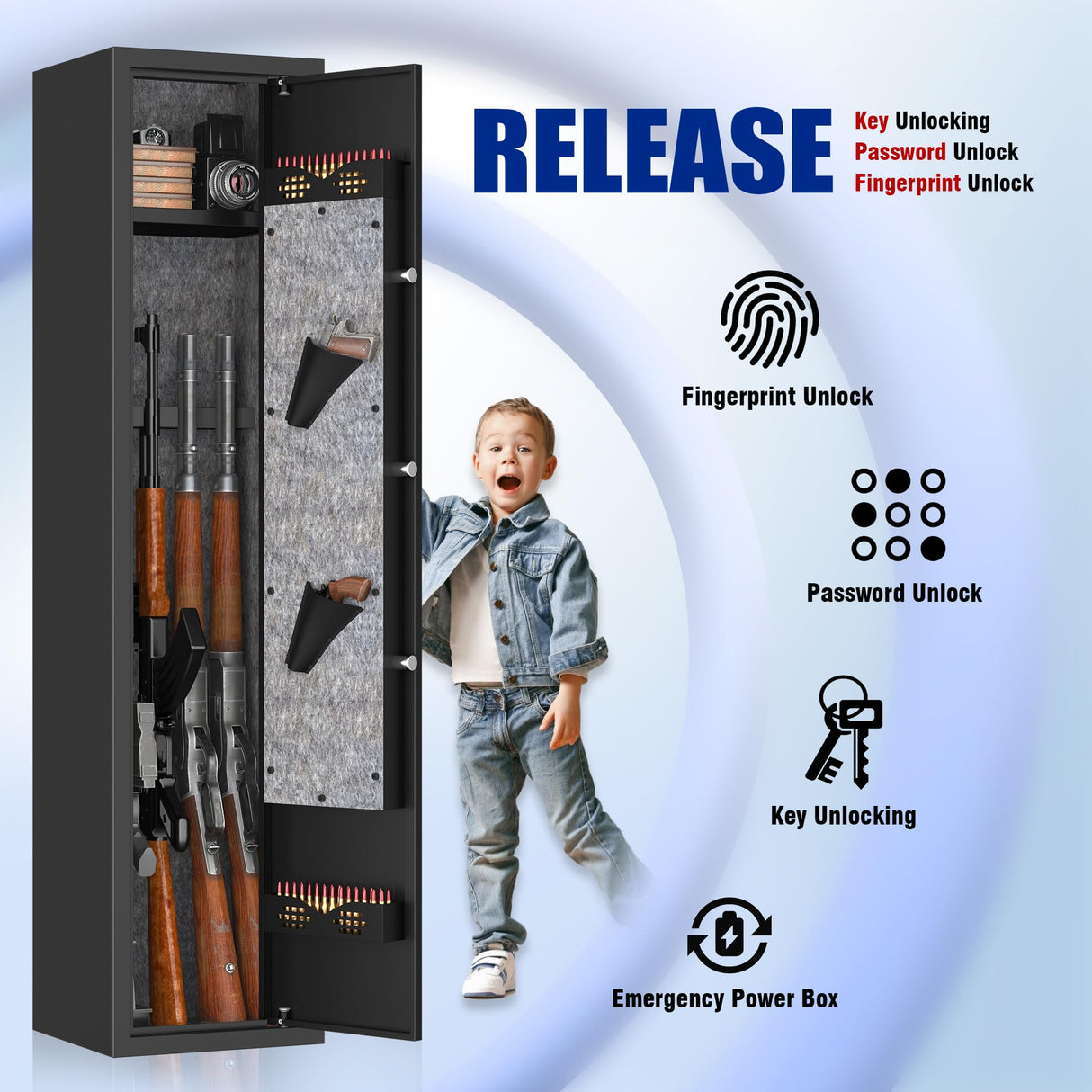 PRESTELION 3-5 Gun Safe,Adjustable Bracket and Biometric Lock,Heavy Duty Gun Safe for Rifles and Shotguns,Money and Valuables PRESTELION