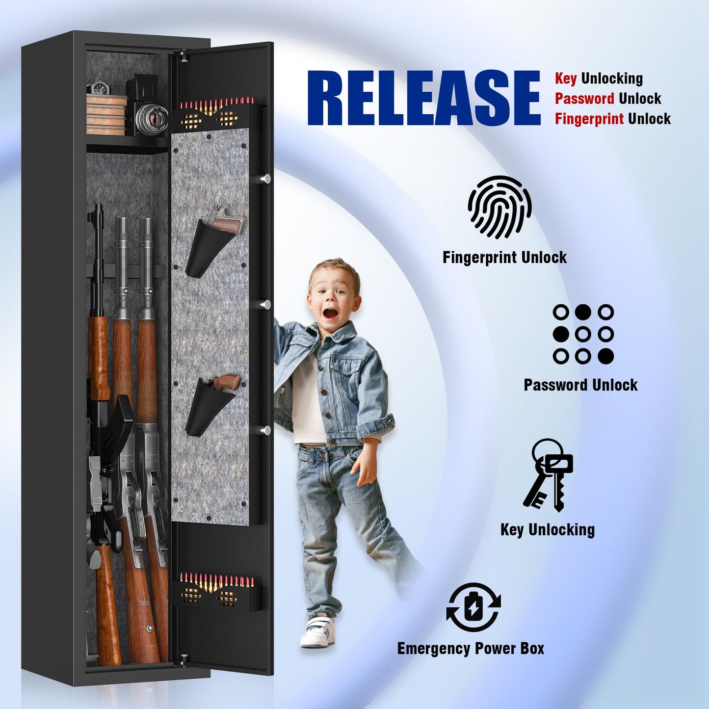 PRESTELION 3-5 Gun Safe,Adjustable Bracket and Biometric Lock,Heavy Duty Gun Safe for Rifles and Shotguns,Money and Valuables