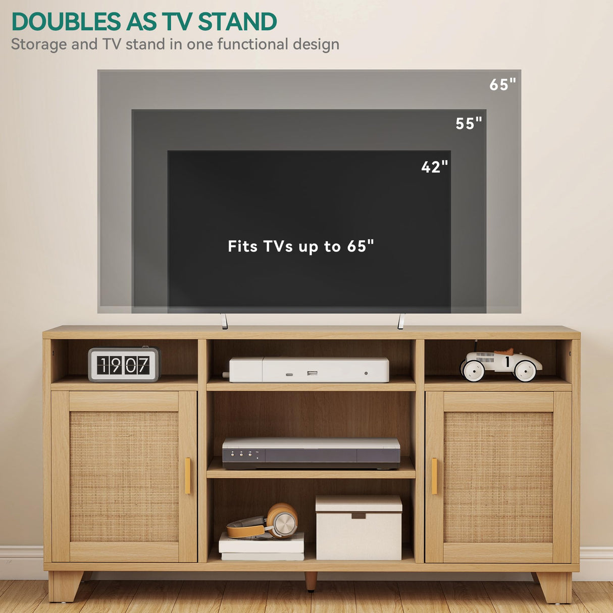 YITAHOME TV Stand for 65 Inch TV, Boho Entertainment Center with Rattan Doors, Storage Cabinets and Open Shelves, Long Boho Media Console for Living Room YITAHOME