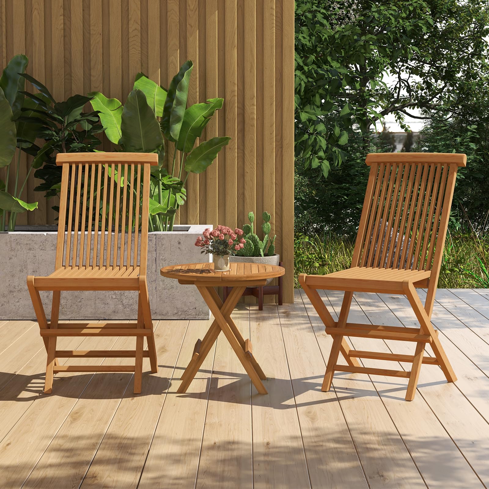 Tangkula 2 Piece Wood Patio Folding Chair, Sturdy Teak High-Back Chair with Slatted Design, Portable & Lightweight Outdoor Dining Chair, Natural Appearance, Perfect for Backyard, Camping - WoodArtSupply