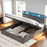 AMERLIFE King Size Lift Up Bed Frame with Linen Upholstered & LED Light & Storage Headboard, Platform Bed Frame with Charging Station, No Box Spring Needed, Noisy Free, Rustic Grey AMERLIFE
